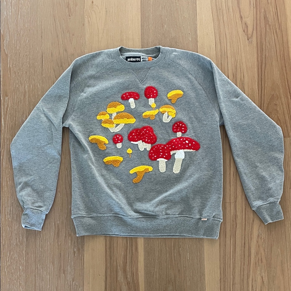 Ambsn Crewneck Sweater with Red and Yellow Mushroom Design